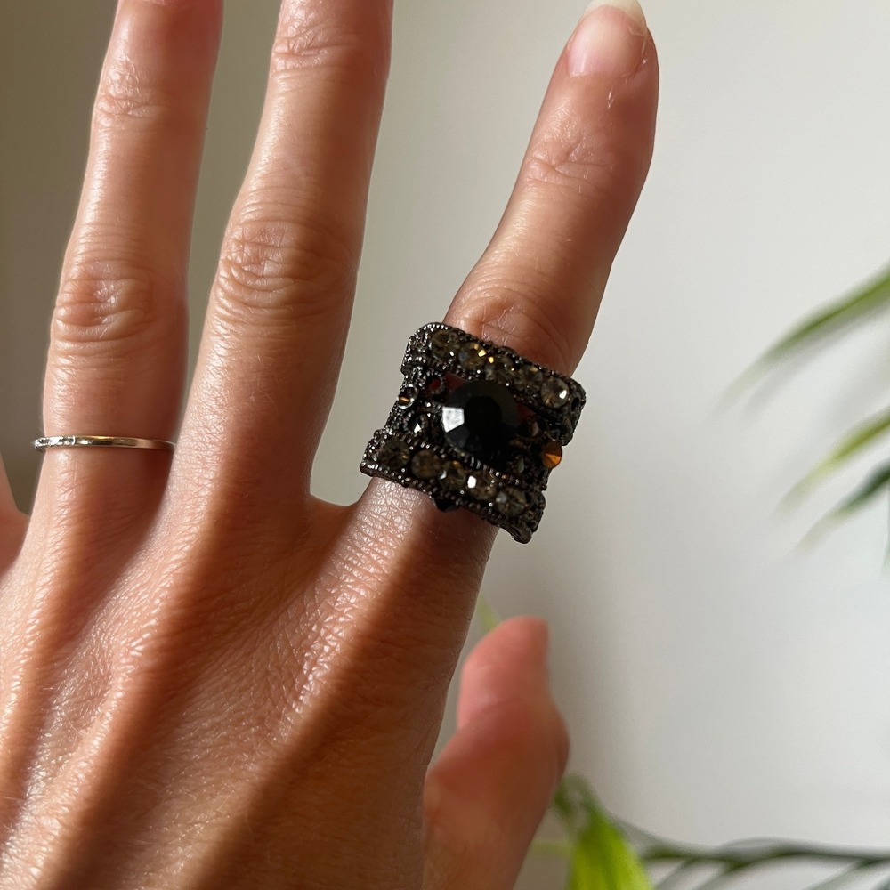 Gothic Gunmetal Filigree Statement Ring Black Rhinestone Victorian Adjustable